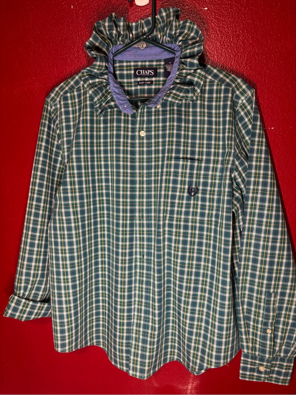 Upcycled/Reloved Chaps Green Plaid Ruffled Collar Shirt